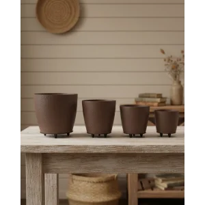 4’lü 3D Şık Kahverengi Vazo Seti Modern Ayaklı Saksı