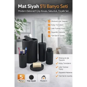 5li Siyah Çizgili 5 Parça Banyo Seti Yuvarlak Çöp Kovası Tuvalet Fırçası Sabunluk Diş Fırçalık