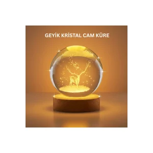 3D Geyik Desenli Kristal Küre USB Işıklı Ahşap Tabanlı Oda Lambası - EMTHBA5233-1349