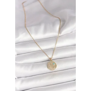 316L Çelik Gold Renk Zincir Zirkon Taş İşlemeli Mavi Taş Detaylı Madalyon Model Kadın Kolye