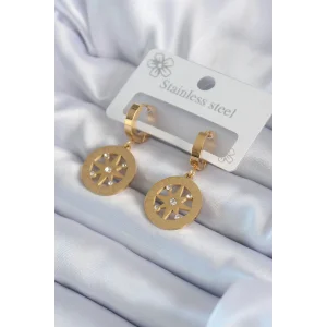 316L Çelik Gold Renk Kutup Yıldızı Model İşleme Detay Zirkon Taşlı Kadın Küpe