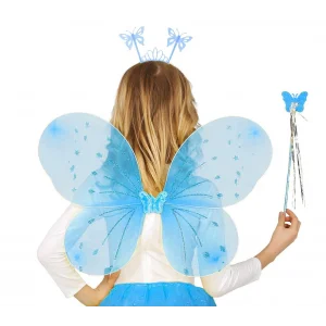 Mavi Kelebek Erkek-kız Seti – 50 Cm Kelebek Kanadı, Taç Ve Asa