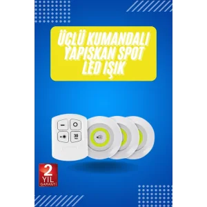 Yapışkanlı 3lü Spot Led Işık Lamba Montajsız Pilli Uzaktan Kumandalı