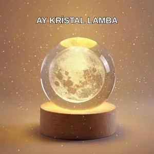 8 cm Ay Desenli Kristal Küre Sıcak LED Işıklı Ahşap Tabanlı Oda Lambası