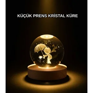 8 cm Küçük Prens 3D Kristal Küre USB Işıklı Ahşap Altlıklı Dekoratif Lamba