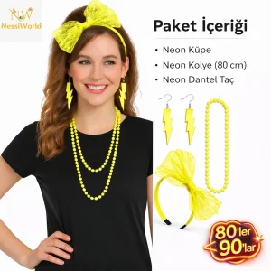 80’ler 90’lar Neon Sarı Parti Seti – Kolye Küpe Taç