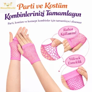 80’ler 90’lar Retro Neon Pembe File Parmaksız Kısa Eldiven 11 cm