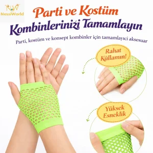 80’ler 90’lar Retro Neon Yeşil File Parmaksız Kısa Eldiven 11 cm