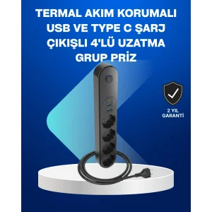 Akıllı Akım Dengelemeli 4’lü Çoklu Priz Type-C ve USB Çıkışlı
