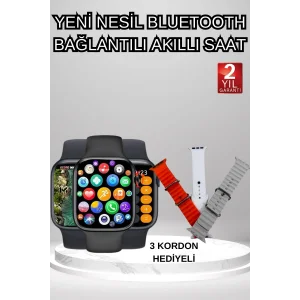 Akıllı Saat Arama Görüşme Bildirim Görme Uyku ve Sağlık Takibi Nabız Ölçer 3 Kordon Hediyeli