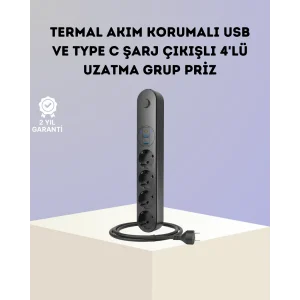 Akım Korumalı Çoklu Priz 4’lü 2 USB 1 Type-C 2500W Güçlü Tasarım