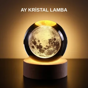 Ay Figürlü 3D Kristal Küre LED Gece Lambası Ahşap Standlı Dekoratif Lamba