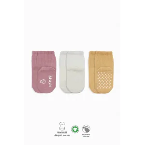 Basic Kaymaz Penye Soket Çorap 3Lü BS10107 Pudra Ekru Somon