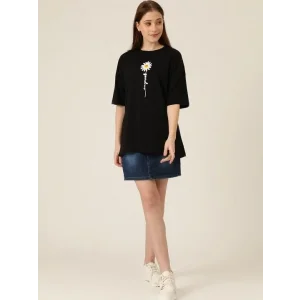 Kadın Papatya Baskılı T-Shirt Kısa Kol Bisiklet Yaka Oversize  Tişört - Siyah