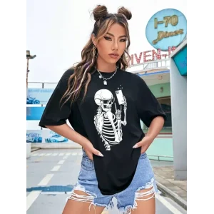 Kadın iskelet Baskılı T-Shirt Kısa Kol Bisiklet Yaka Oversize Tişört - Siyah