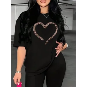 Kadın Kalp Baskılı T-Shirt Kısa Kol Bisiklet Yaka Oversize Tişört - Siyah