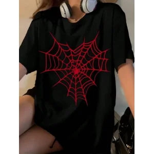 Kadın Örümcek Ağ Baskılı T-Shirt Kısa Kol Bisiklet Yaka Oversize Tişört - Siyah