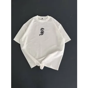 Erkek Baskılı Oversize Bisiklet Yaka T-shirt - Beyaz
