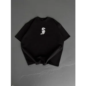 Baskılı Oversize Bisiklet Yaka - Siyah