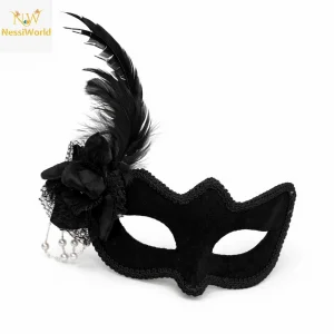 Beyaz İnci Detaylı Siyah Süet Venedik Kadın Maskesi Tüylü Güllü