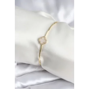 Beyaz Sedefli Yonca Model Gold Renk Kadın Bileklik