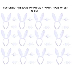 Beyaz Tavşan Kostüm Seti – Taç, Papyon, Kuyruk (12’li Paket)