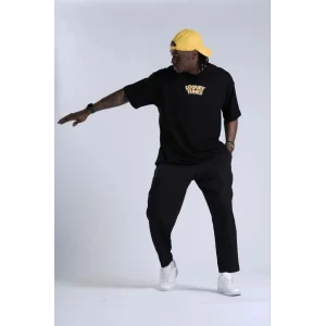 Erkek Kısa Kol Yazlık Tişört Bisiklet Yaka Baskılı Oversize T-Shirt - Siyah