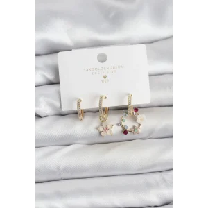 Çiçek Model Gold Renk Pirinç 3lü Kadın Küpe Seti