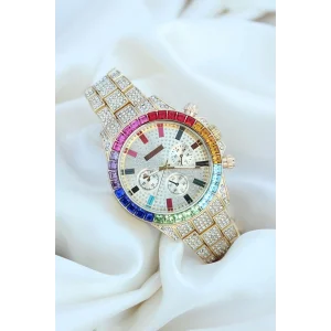 Clariss Trend Gold Metal Kordonlu Zirkon Taş Kaplama Renkli Taşlı Kasa Tasarımlı Lüx Kadın Kol Saati