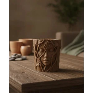 Doğa Temalı Yüz Detaylı Dekoratif Vazo 3D Ağaç Desenli Şık Saksı