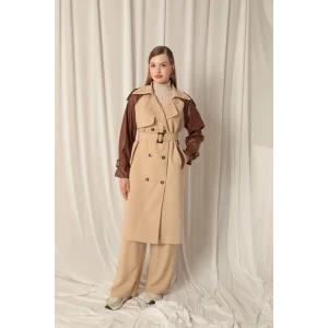 Dokuma Kumaş Deri Garnili Kadın Bej Trenckot