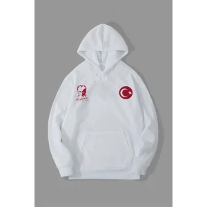 Erkek 10 Kasıma Özel 3 İplik Kapüşonlu Baskılı SweatShirt Hoodie - Beyaz