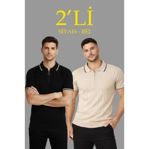Erkek Triko Tişört Fermuarlı Polo Yakal Yazlık Kısa Kol T-Shirt 2’li Set Bej-Siyah
