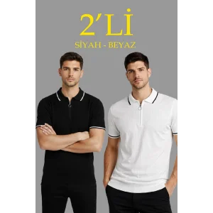Erkek 2’li Paket Dokuma Triko  Fermuarlı Yakalı Fitilli Kısa Kollu Regular Fit Tişört - Beyaz & Siyah