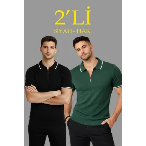 Erkek 2’li Paket Dokuma Triko  Fermuarlı Yakalı Fitilli Kısa Kollu Regular Fit Tişört - Haki & Siyah