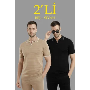 Erkek 2’li Paket Triko Yakalı Düğmesiz Açık Yaka Fitilli Kısa Kollu Regular Fit Tişört - Bej & Siyah