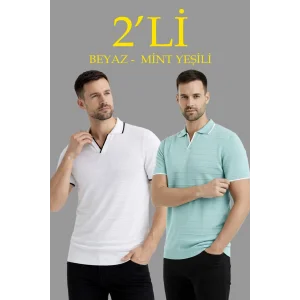 Erkek 2’li Paket Triko Yakalı Düğmesiz Açık Yaka Fitilli Kısa Kollu Regular Fit Tişört - Beyaz & Mint Yeşili