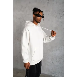 Erkek 3 İplik Pamuklu Kapüşonlu Cepli Düz Oversize Hoodie Sweatshirt - Beyaz