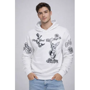 Erkek 3 İplik Pamuklu Kapüşonlu Baskılı SweatShirt hoodie - Beyaz