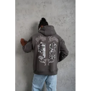 Erkek 3 İplik Pamuklu Kapüşonlu Baskılı Cepli Oversize Sweatshirt Hoodie - Gri
