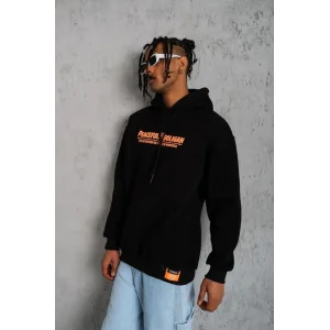 Erkek 3 İplik Pamuklu Kapüşonlu Baskılı Cepli Oversize Sweatshirt Hoodie - Siyah