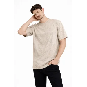 Erkek Asit Yıkama Bisiklet Yaka Kısa Kollu Oversize T-Shirt Tişört - Bej
