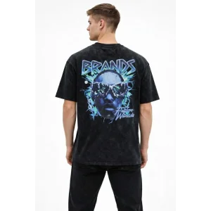 Erkek Asit Yıkamalı Oversize Tişört Bisiklet Yaka Kısa Kol T-shirt - Siyah