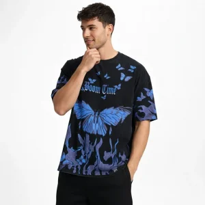 Erkek Asit Yıkamalı Oversize Tişört Mavi Kelebek Baskılı Dijital Print Bisiklet Yaka Streetwear T-Shirt - Siyah