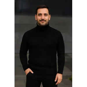 Erkek Tam Boğazlı Balıkçı Yaka Triko Kazak Kalın Fitilli - Siyah