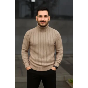 Erkek Balıkcı Yaka Bağazlı Triko Kazak Pamuklu Kalın Fitilli Dokuma, Regular Fit Uzun Kollu Kışlık Model - Bej