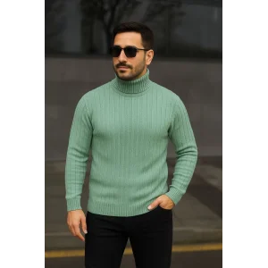 Erkek Balıkcı Yaka Bağazlı Triko Kazak Pamuklu Kalın Fitilli Dokuma, Regular Fit Uzun Kollu Kışlık Model - Mint Yeşili