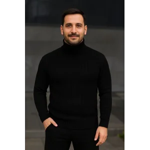 Erkek Balıkcı Yaka Bağazlı Triko Kazak Pamuklu Kalın Fitilli Dokuma, Regular Fit Uzun Kollu Kışlık Model - Siyah