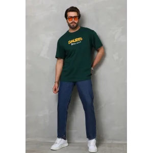 Erkek Kısa Kol Yazlık Tişört Bisiklet Yaka Baskılı Oversize T-Shirt - Yeşil