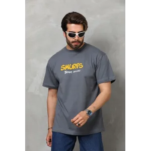 Erkek Kısa Kol Yazlık Tişört Bisiklet Yaka Baskılı Oversize T-Shirt - Füme